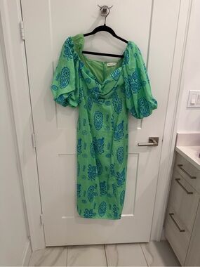 RHODE Lime Green Midi Dress with Blue Floral Print and Puff Sleeves
